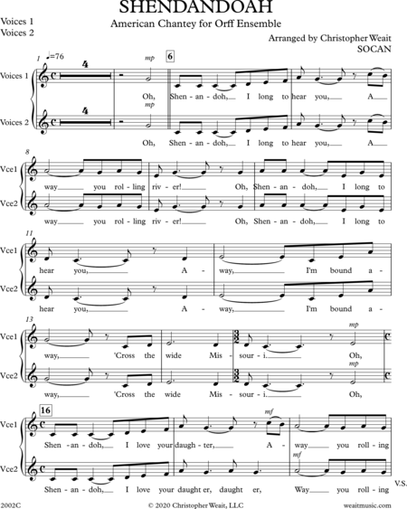 Weait, Christopher: Carl Orff Competition 2020 SHENANDOAH for Orff Ensemble by Christopher Weait - Chor>SS+Bfl+Xyl2+[Vl2+Vla+Vc+Kb]:10