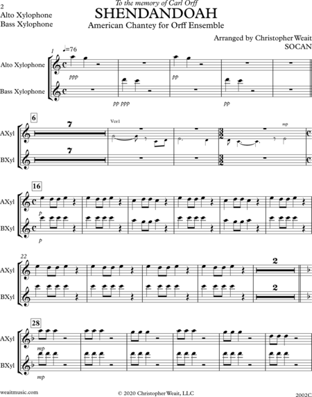 Weait, Christopher: Carl Orff Competition 2020 SHENANDOAH for Orff Ensemble by Christopher Weait - Chor>SS+Bfl+Xyl2+[Vl2+Vla+Vc+Kb]:15