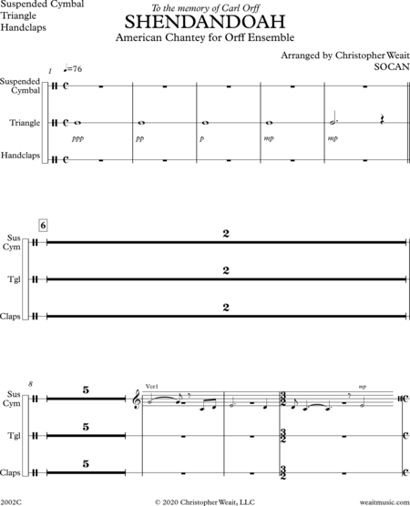 Weait, Christopher: Carl Orff Competition 2020 SHENANDOAH for Orff Ensemble by Christopher Weait - Chor>SS+Bfl+Xyl2+[Vl2+Vla+Vc+Kb]:21