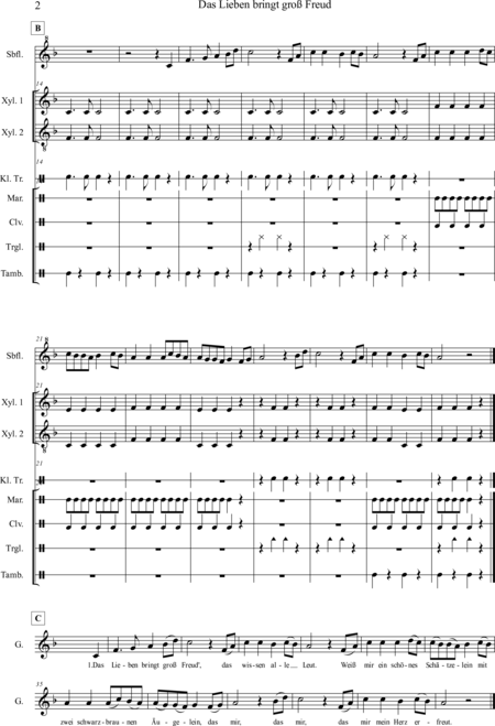 Ewadinger, Dorothea: Carl Orff Competition 2020 Das Lieben bringt groß Freud - Chor>S+Bfl+[Xyl2+Px]+[Vl2+Vla+Vc+Kb]:1