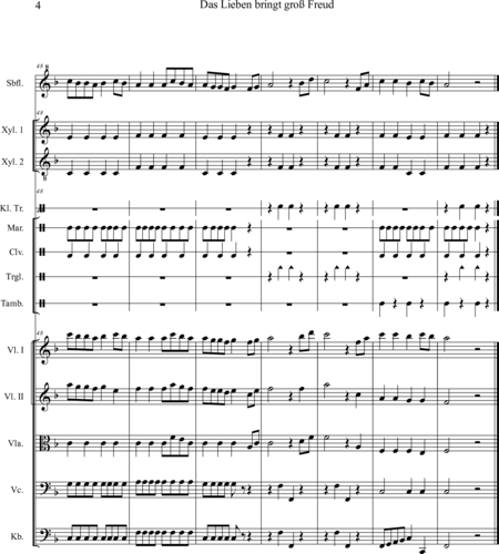 Ewadinger, Dorothea: Carl Orff Competition 2020 Das Lieben bringt groß Freud - Chor>S+Bfl+[Xyl2+Px]+[Vl2+Vla+Vc+Kb]:3