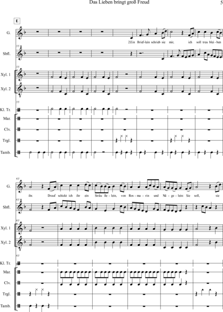 Ewadinger, Dorothea: Carl Orff Competition 2020 Das Lieben bringt groß Freud - Chor>S+Bfl+[Xyl2+Px]+[Vl2+Vla+Vc+Kb]:4