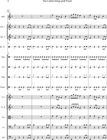 Ewadinger, Dorothea: Carl Orff Competition 2020 Das Lieben bringt groß Freud - Chor>S+Bfl+[Xyl2+Px]+[Vl2+Vla+Vc+Kb]:7