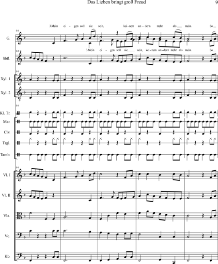 Ewadinger, Dorothea: Carl Orff Competition 2020 Das Lieben bringt groß Freud - Chor>S+Bfl+[Xyl2+Px]+[Vl2+Vla+Vc+Kb]:8