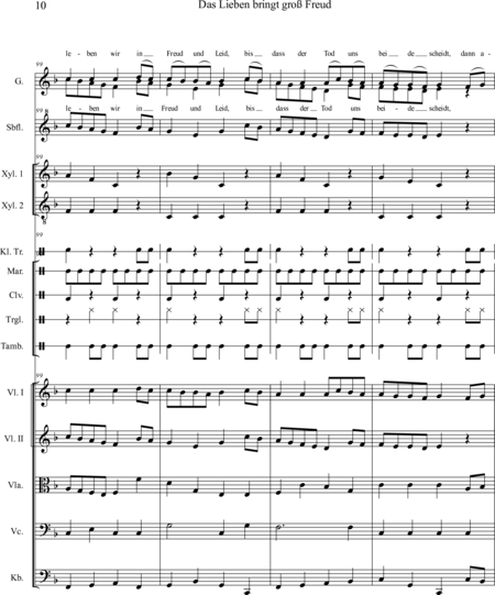 Ewadinger, Dorothea: Carl Orff Competition 2020 Das Lieben bringt groß Freud - Chor>S+Bfl+[Xyl2+Px]+[Vl2+Vla+Vc+Kb]:9