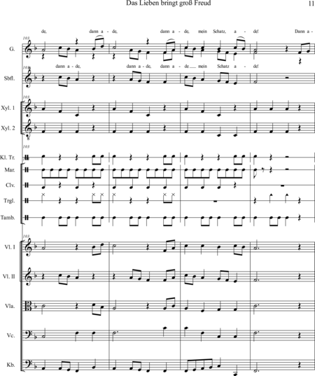 Ewadinger, Dorothea: Carl Orff Competition 2020 Das Lieben bringt groß Freud - Chor>S+Bfl+[Xyl2+Px]+[Vl2+Vla+Vc+Kb]:10
