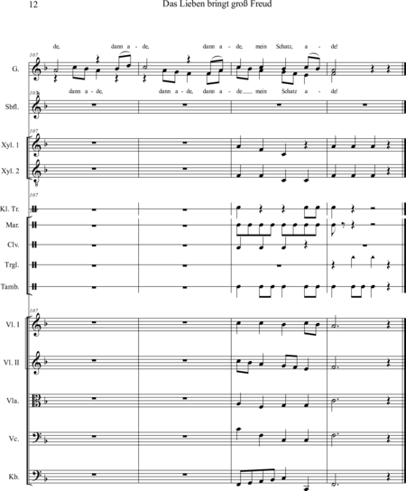 Ewadinger, Dorothea: Carl Orff Competition 2020 Das Lieben bringt groß Freud - Chor>S+Bfl+[Xyl2+Px]+[Vl2+Vla+Vc+Kb]:11