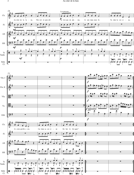 BERGER, Jacques: Carl Orff Competition 2020 Au clair de la lune - Chor>SS+Bfl+[Xyl2+Px]+[Vl2+Vla+Vc+Kb]:1