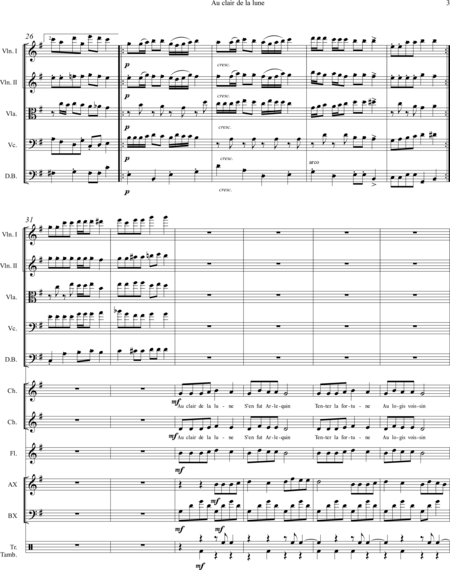 BERGER, Jacques: Carl Orff Competition 2020 Au clair de la lune - Chor>SS+Bfl+[Xyl2+Px]+[Vl2+Vla+Vc+Kb]:2