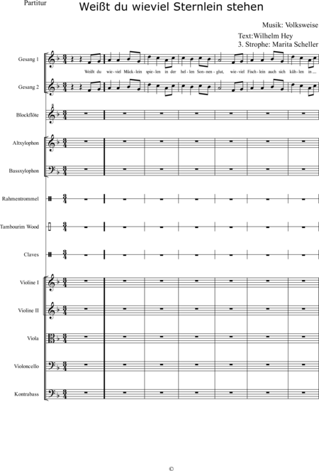 Scheller, Marita: Carl Orff Competition 2020 Weißt du wieviel Sternlein stehen - Chor>SS+Bfl+[Xyl2+Px]+[Vl2+Vla+Vc+Kb]:0