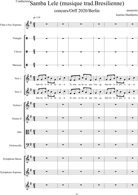 JUSTINO, Humberto-Vinicios: Carl Orff Competition 2020 SAMBA LE LE - Choir>SS+Rec+[Xyl2+Perc]+[Vln2+Vla+Vlc+Db]:0