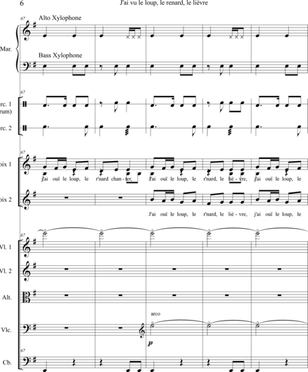 Desbizet-Engel, Nadège: Carl Orff Competition 2020 J'ai vu le loup, le renard, le lièvre - Choir>SS+Rec+[Xyl2+Perc]+[Vln2+Vla+Vlc+Db]:5