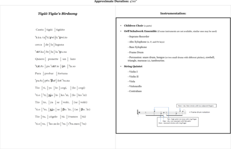 Laya, Luis: Carl Orff Competition 2020 Tigüi-Tigüe's Birdsong - Chor>SS+Bfl+[Xyl2+Px]+[Vl2+Vla+Vc+Kb]:1